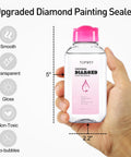 Hand holding 125 ml Diamond Painting Sealer With Applicator Handy Diamond Painting Adhesive For Sparkle Retention And Puzzle Projects Safe Water Based Glue That Is Non Toxic Easy To Use 4.4 Fl Oz bottle with pink cap.