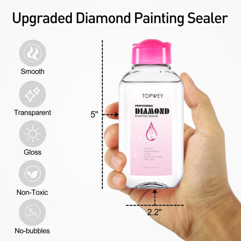 Hand holding 125 ml Diamond Painting Sealer With Applicator Handy Diamond Painting Adhesive For Sparkle Retention And Puzzle Projects Safe Water Based Glue That Is Non Toxic Easy To Use 4.4 Fl Oz bottle with pink cap.