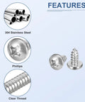 Carbon Steel Nickel Plated Mini Screw Kit With 750 Self Tapping Phillips Pan Head Screws Electronics DIY Assortment In 15 Sizes M1x3 To M1.7x8 Includes Elbow Tweezers Pro Grade Small Screws For PC Repair And Gadgets shown with features of Phillips head and clear thread.