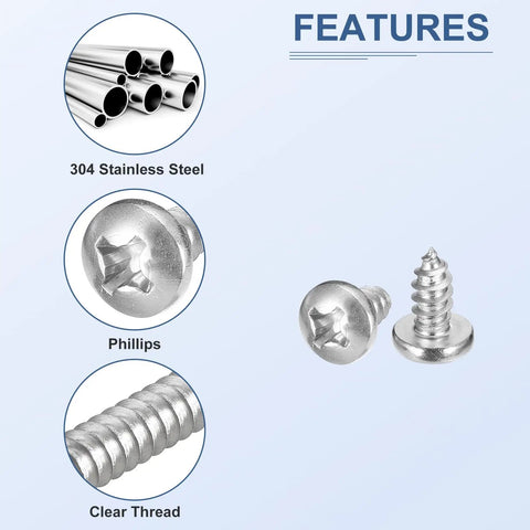 Carbon Steel Nickel Plated Mini Screw Kit With 750 Self Tapping Phillips Pan Head Screws Electronics DIY Assortment In 15 Sizes M1x3 To M1.7x8 Includes Elbow Tweezers Pro Grade Small Screws For PC Repair And Gadgets shown with features of Phillips head and clear thread.
