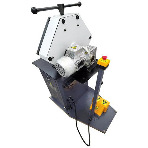 Heavy Duty Electric Ring Roll Bender, Top Shelf Metal Rolling Machine With Beefy 1100W 220V Motor, view showing adjustable head and control panel.