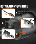 Installation steps for Rock Solid Concrete Hole Saw Kit 11 Piece Set, highlighting the centering drill and instructions.