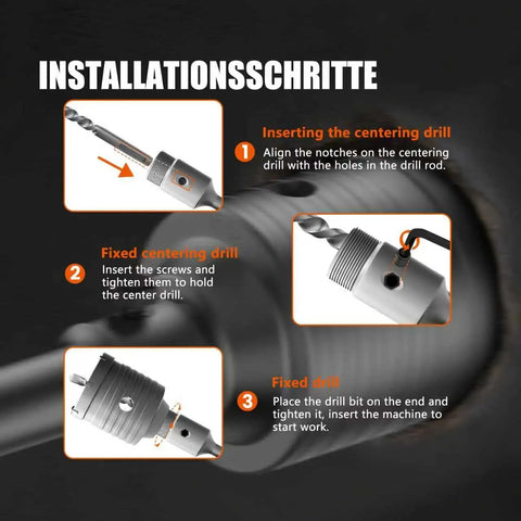 Installation steps for Rock Solid Concrete Hole Saw Kit 11 Piece Set, highlighting the centering drill and instructions.