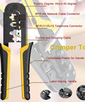 No Fuss Multi-Function Heavy-Duty Network Cable Tester Tool Kit, Wire Stripper And Rj45 Rj11 Cat5 Cat6 Punch Down Crimping Wrench close-up view of crimper tool features.