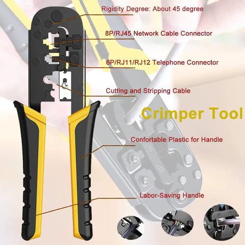 No Fuss Multi-Function Heavy-Duty Network Cable Tester Tool Kit, Wire Stripper And Rj45 Rj11 Cat5 Cat6 Punch Down Crimping Wrench close-up view of crimper tool features.