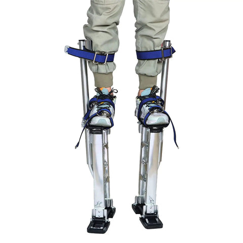 Person wearing adjustable 24 to 40 inch drywall stilts for painting and cleaning, featuring lightweight aluminum and skid-resistant soles.