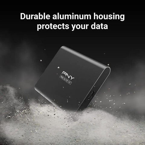 Pro Elite V2 1TB USB 3.2 Gen 2x1 Type-C External SSD with rugged aluminum case, shown on black background.