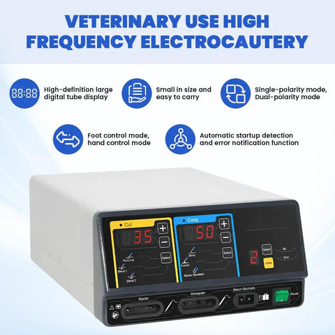 Veterinary Electrosurgical Unit 100W High Frequency ESU For Pet Surgery with digital display and control modes visible.