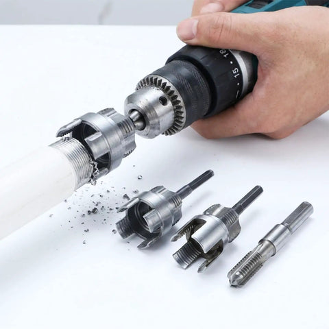 All in One DIY Friendly Pipe Thread Cutting Tool Kit With Internal And External Threading Includes Half Inch Three Quarter Inch And One Inch Threaders Quarter Inch Hex Shank Electric Drill Compatible Works On PPR PVC Plastic MPP And Metal, threaded pipe close-up