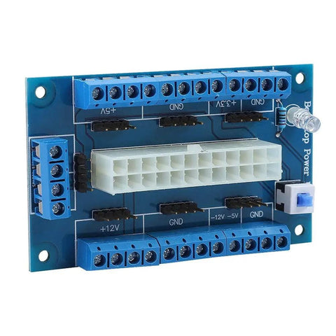 ATX Power Supply Bench Board 24 Pin 20 Pin 24Pin Adapter with lock switch, terminal block and indicator lights for PC builds.