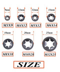 260 Piece Internal Tooth Starlock Locking Washers Set With 7 Sizes M3 To M12 65Mn Black Oxide Steel displayed by size