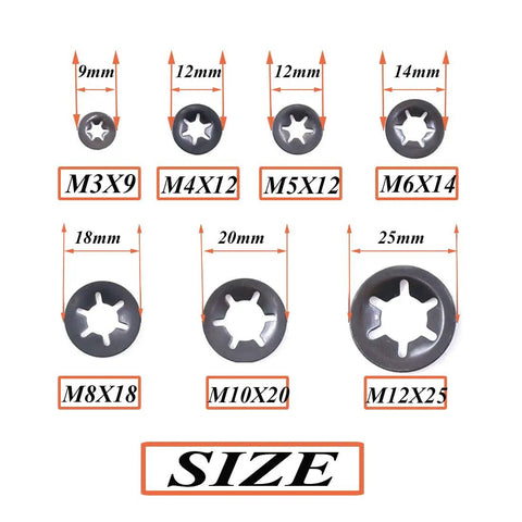 260 Piece Internal Tooth Starlock Locking Washers Set With 7 Sizes M3 To M12 65Mn Black Oxide Steel displayed by size