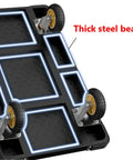 Heavy Duty Steel Platform Truck Built Tough Flat Cart Dolly With Wheel Brakes Hauls Heavy Gear Up To Two Thousand Pounds showing a thick steel beam and wheels.