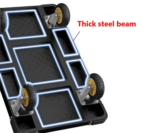 Heavy Duty Steel Platform Truck Built Tough Flat Cart Dolly With Wheel Brakes Hauls Heavy Gear Up To Two Thousand Pounds showing a thick steel beam and wheels.