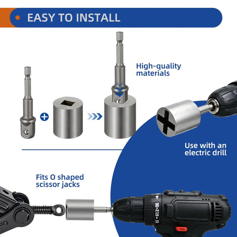 Three Piece Scissor Jack Adapter Set For Cars Includes Universal Jack Socket Converter And One Half Inch Drive Socket Adapter Bit shown with drill and scissor jack, highlighting easy installation.