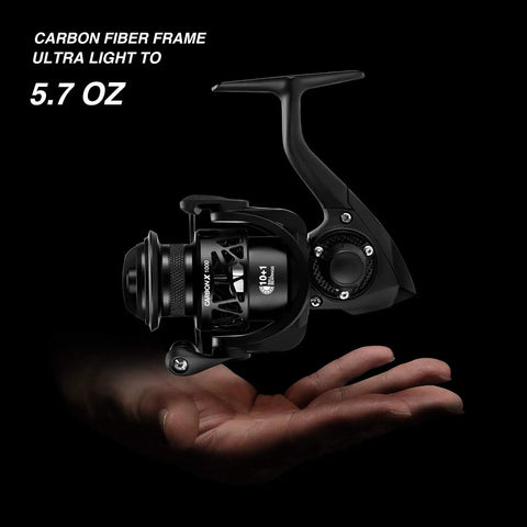 Carbon X Spinning Reel With Feather Light Carbon Fiber Body And Rotor, 2000 Series in hand, ultra light to 5.7 oz.