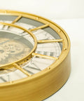 18 Inch Big Boy Gear Wall Clock With Smooth Rotating Cogs And Crisp Gold Roman Numerals showing a close-up of its gold gears and elegant dial.