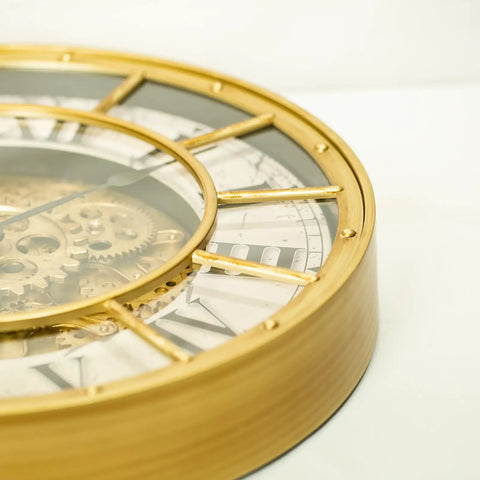 18 Inch Big Boy Gear Wall Clock With Smooth Rotating Cogs And Crisp Gold Roman Numerals showing a close-up of its gold gears and elegant dial.