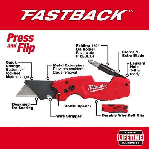 Fastback Compact Folding Knife Set Two Pack Red And Black Six In One Folding Utility Knives with blade, metal body, bottle opener, wire stripper, bit holder, belt clip.