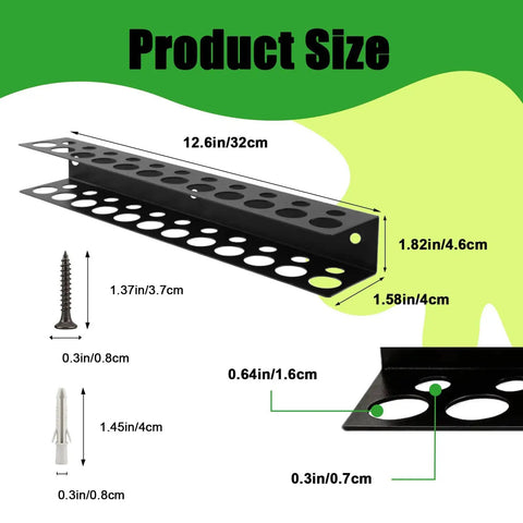 Product size diagram of a sturdy 12.6 inch wall mounted screwdriver and pliers holder with 23 slots for tools and mounting details.