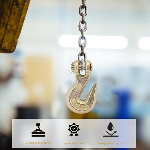 10 Piece Three Eighth Inch Clevis Grab Hooks Set, Grade 70 Forged Steel With Yellow Chromate Finish, hanging on chain.