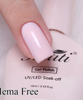 Close-up of manicured nail with pastel pink from HEMA Free Gel Nail Polish Set with Milky Pink and Pastel Pink, two 10ml bottles, UV LED soak off kit, long lasting up to 28 days, gentle on sensitive nails, at home DIY mani and nail art.