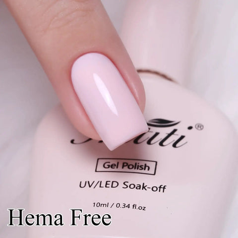 Close-up of manicured nail with pastel pink from HEMA Free Gel Nail Polish Set with Milky Pink and Pastel Pink, two 10ml bottles, UV LED soak off kit, long lasting up to 28 days, gentle on sensitive nails, at home DIY mani and nail art.