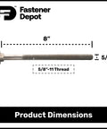 5/8-11 Carriage Bolt Kit For Outdoors, 8 Inch Long, 6 Inch Thread, Hot Dipped Galvanized Exterior Grade A307, bolt dimensions shown