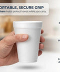Hand holding a 12 Oz Insulated Foam Cup from 100 Pack Grab And Go Disposable Coffee Cups for hot or cold beverages.