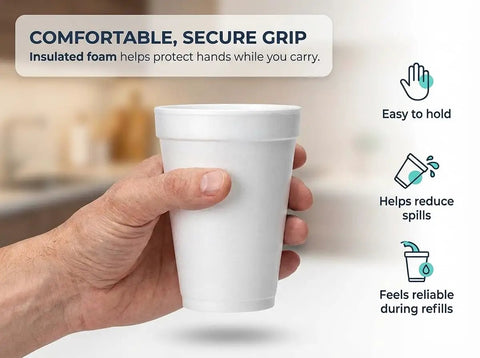 Hand holding a 12 Oz Insulated Foam Cup from 100 Pack Grab And Go Disposable Coffee Cups for hot or cold beverages.