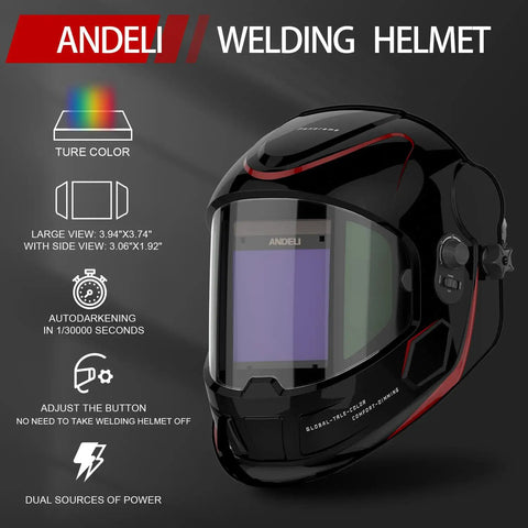 Panoramic 180 Degree Auto Darkening Welding Helmet With Large 3.94x3.74 Inch Viewing Area Side View Window Solar Battery Power Four Arc Sensors DIN 5-8 And 9-13 For TIG MIG ARC in black and red.