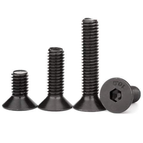 M10-1.5 X 30mm Flat Head Socket Cap Screws Set, shown in various lengths, heavy-duty black oxide alloy steel, hex drive, DIN 7991.