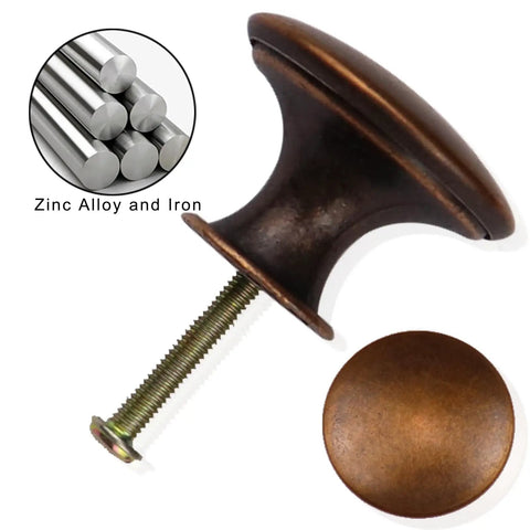 Antique Copper Kitchen Cabinet Knobs 12 Pack Round Cupboard Drawer Pulls showing side view and screw, zinc alloy material, retro vibe.