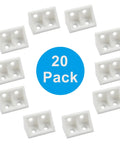 Twenty Piece Pack Of White Right Angle Brackets Heavy Duty Plastic L Shape Corner Braces For Woodworking Diy Builds Durable Corrosion Proof Hardware Fasteners Built To Rock, shown in 20 count arrangement.
