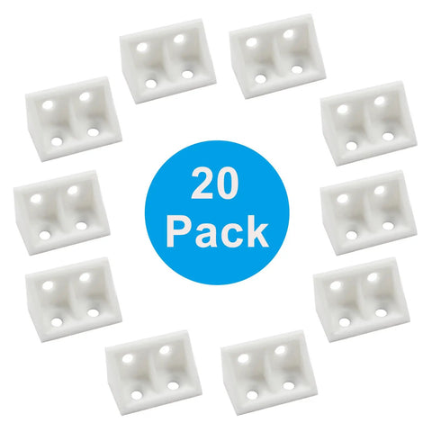 Twenty Piece Pack Of White Right Angle Brackets Heavy Duty Plastic L Shape Corner Braces For Woodworking Diy Builds Durable Corrosion Proof Hardware Fasteners Built To Rock, shown in 20 count arrangement.