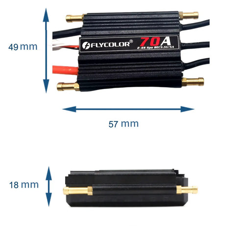 70A Waterproof Brushless ESC Electronic Speed Controller with 5.5V 5A BEC and XT60, showing dimensions and connectors