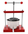 Heavy Duty T Handle Fruit Wine Press With Dual Stainless Steel Barrels, straight up rock solid manual grape press on red base.