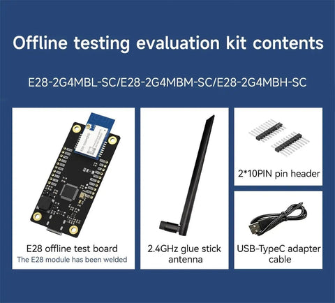 LoRa 2.4G Offline OLED SX1281 Test Board with SPI, glue stick antenna, pin headers, and USB-C adapter shown in kit contents.