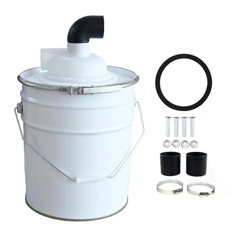Heavy Duty Cyclone Separator Cover For Vacuum Dust Collection No Fuss Replacement Cover shown with white bucket and accessories.