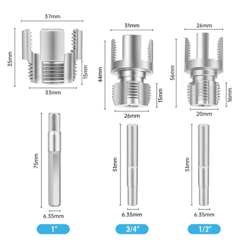 Diagram of Pro Grade Five Piece Pipe Threading And Extraction Kit With Internal And External Dies Half Inch Three Quarter Inch And One Inch, Broken Bolt And Stripped Screw Extractor dimensions.