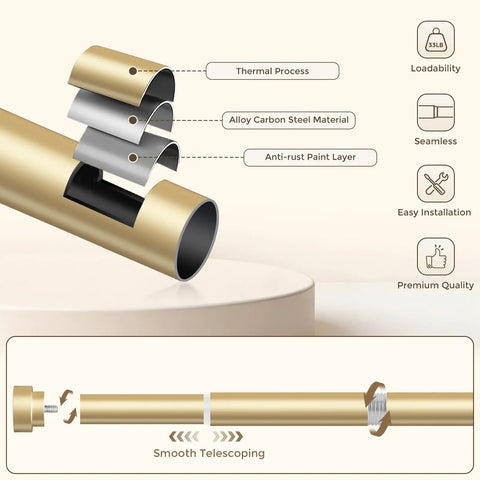 Gold Curtain Rod Set For Windows 72 To 144 Inches Telescoping 1 Inch Diameter Heavy Duty Adjustable Drapery Rods With Brass Gold Finish Modern Decorative Finials And Included Brackets Connectors Screws showing material layers