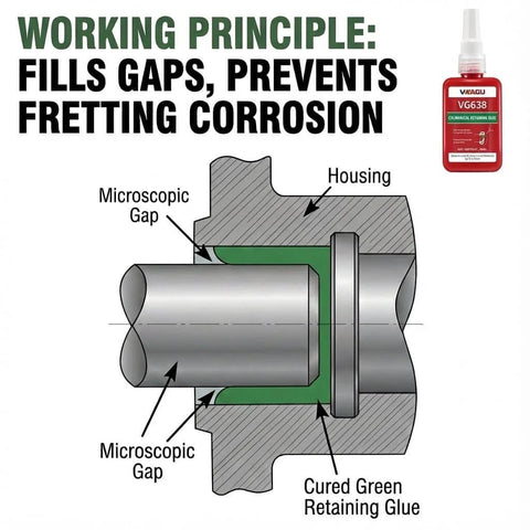 Diagram showing application of High Strength Retaining Compound For Cylindrical Fits, 1.69 Fl Oz, 4 Pack, Fast Cure Bearing Mount Adhesive.