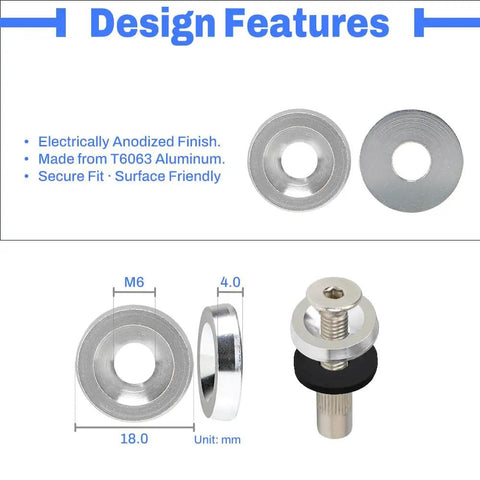 Flare Hardware Kit For M6 Mounting With 20 Silver Flat Aluminum Washers 18mm, 20 Stainless Bolts M6 X 20mm, 20 M6 Rivet Nuts, 20 Rubber Spacers, And 1 Hex L-Key For Plug-And-Play Install, Flush Surface-Smooth Fit On Trucks Or SUVs. M6 18mm aluminum washers and bolt fitment diagram
