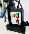 Control panel and motor of Black 60mm Magnetic Drill With Rock Solid 52 Lb Base Two Speed Reversible Motor heavy duty drill.