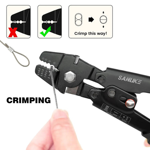 Heavy Duty Wire Rope Crimp Tool Kit For 1/16, 3/64 And 5/64 Inch Cable with crimping instructions and tool in use.