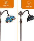 Dope Tiffany Style Stained Glass Floor Lamp With Sea Blue Dragonfly Pattern, 62 Inch Tall Industrial Dark Bronze Pole, light on and off