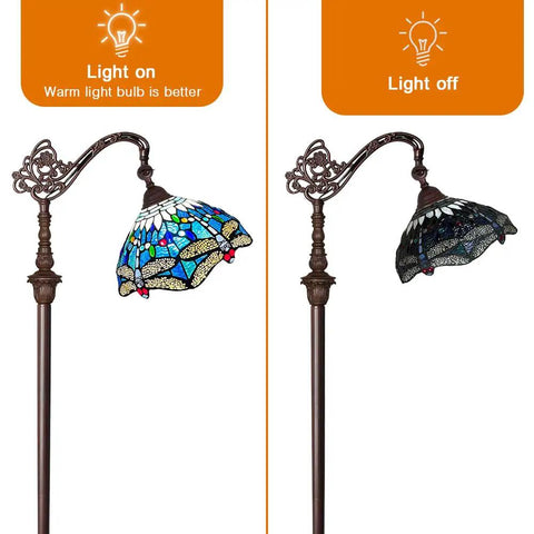 Dope Tiffany Style Stained Glass Floor Lamp With Sea Blue Dragonfly Pattern, 62 Inch Tall Industrial Dark Bronze Pole, light on and off