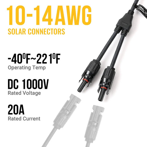 Y Branch Solar Connector Kit For Parallel Panels M FF And F MM Adapters 20A DC1000V showing connectors and specifications
