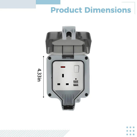 Heavy Duty Outdoor Electric Outlet With Dual Usb Ports And Rugged Flip Cover, Hella Weatherproof 13 Amp Wall Socket No Sweat Install For Dependable Yard Charging, Gray Back Housing dimensions 4.33 inches