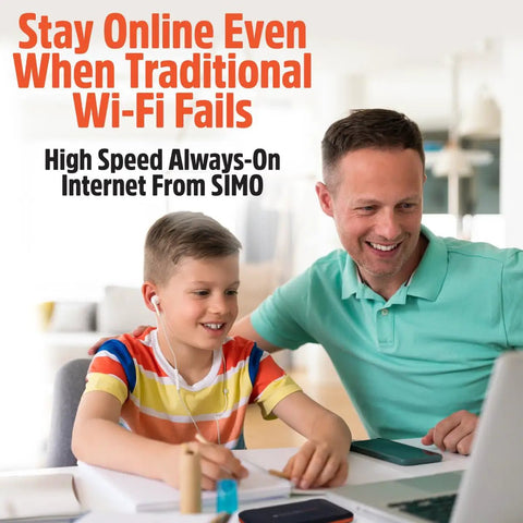 Father and son using laptop indoors with 5G Hotspot With WiFi 6, No SIM Card Or Contract, Portable Internet Hub visible.